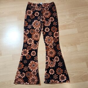 Flare Street Pull On Velvet Floral Flare Pants Stretch Size Small Black Brown
